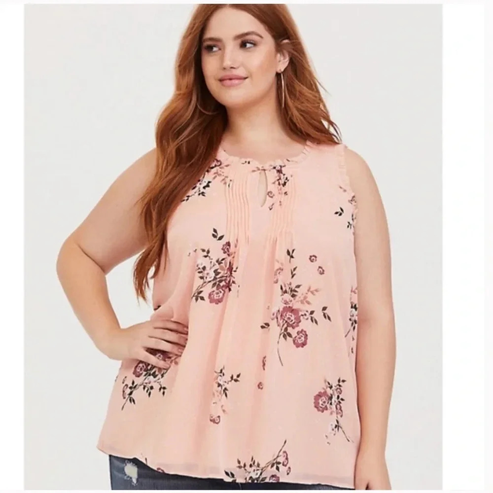 Torrid Peach Floral Chiffon Ruffle Trim Keyhole Sleeveless Tank Top Size 1X